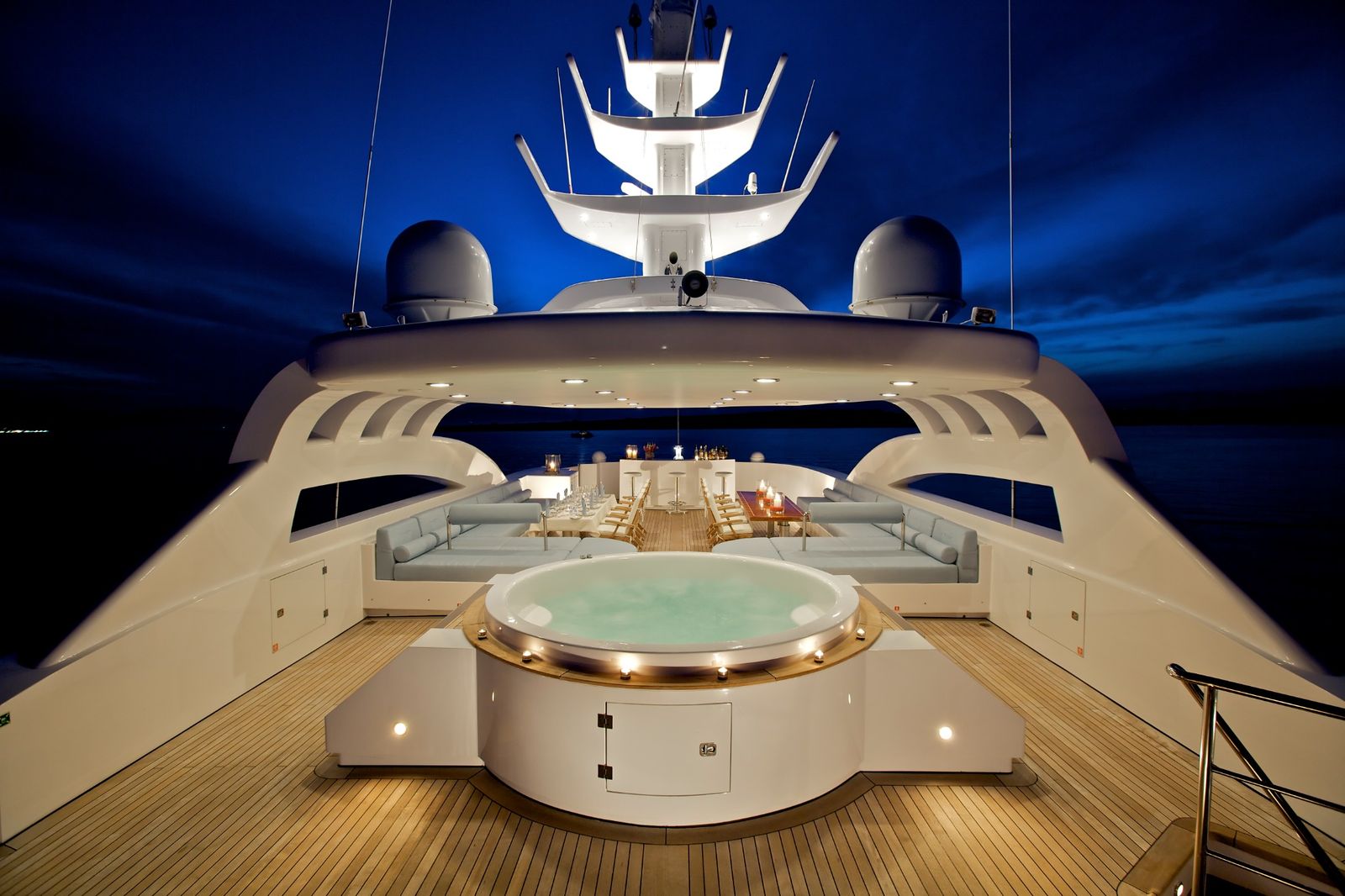 M/Y 95m illuminated sundeck and jacuzzi at night